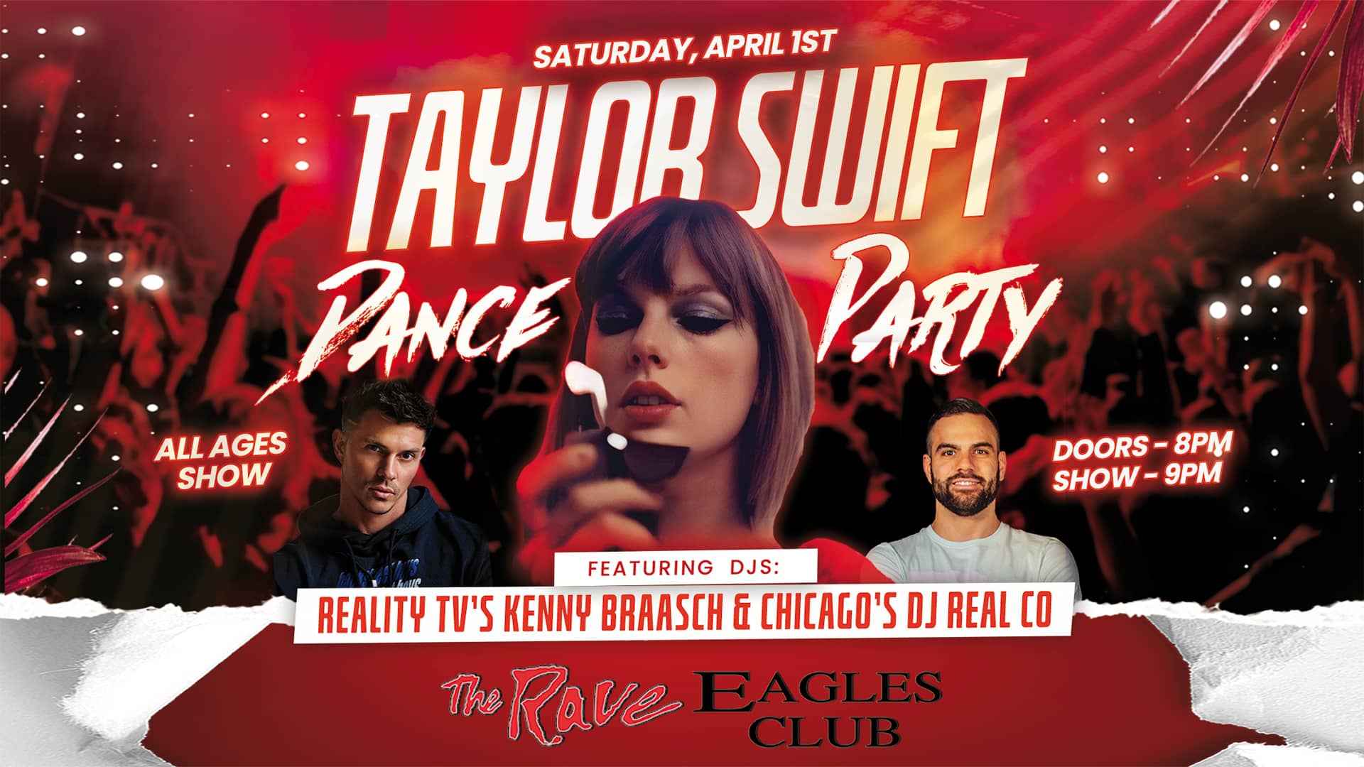 Poster for the Taylor Swift Dance Party on Saturday April 1st at The Rave in Milwaukee, WI.